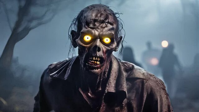 A hungry zombie with crazy eyes tries to approach its victim through the fog