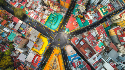 Naklejka premium Aerial view of a bustling city square surrounded by multicolored buildings with vivid facades and busy streets.