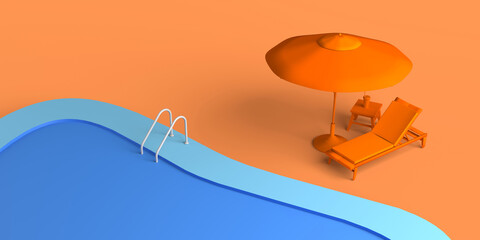 Summer concept with swimming pool with ladders, umbrella, sun lounger and soft drink. Copy space. 3D illustration.