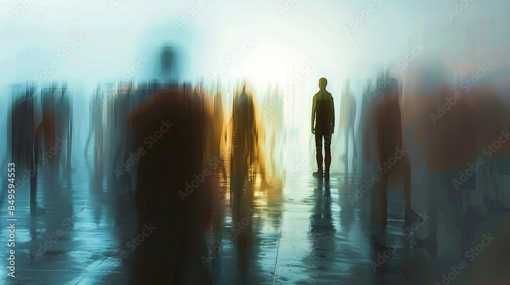Aufkleber A person stands alone in a crowded room, their silhouette clear against the blurred background, emphasizing their isolation despite being surrounded by others. Generative AI
