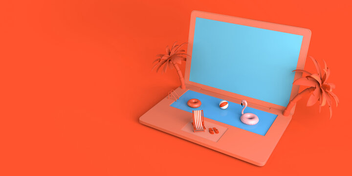 Summer vacation concept with laptop and pool. Online vacation booking. Copy space. 3D illustration.