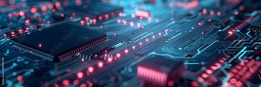 Aufkleber Close-Up View of a Modern Circuit Board With Glowing Lines and Connections