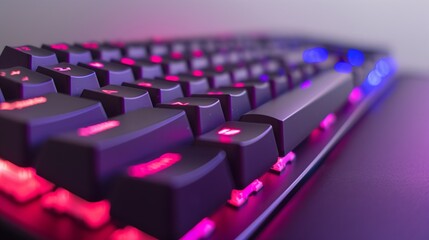 Fototapeta premium Close-up of high-performance PC keyboard with customizable macro keys and vibrant red backlighting