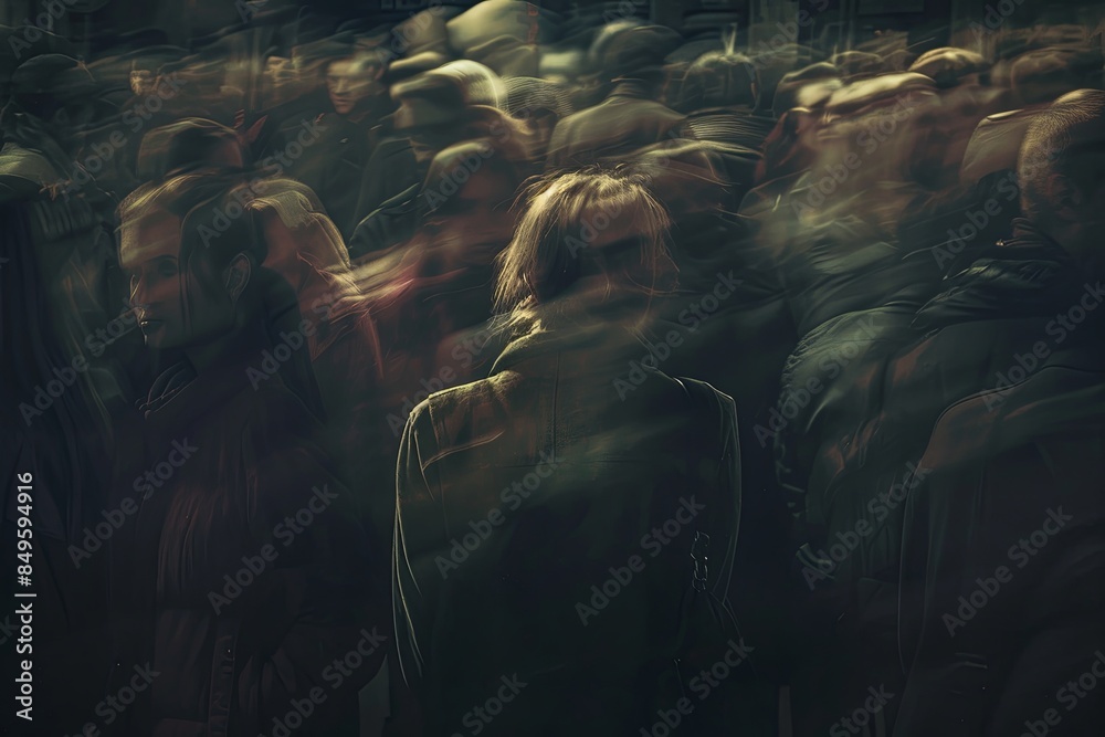 Poster A single person stands in the middle of a bustling crowd, but their form is sharp and clear, while the surrounding people are blurred, highlighting their sense of isolation. Generative AI