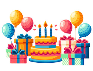 Horizontal greetings card design with birthday cake balloons and gift boxes vector illustration isolated on white background
