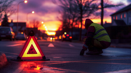 A person in reflective gear placing warning triangles on an urban road at twilight to alert incoming traffic.