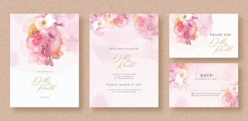 arrangement of pink flowers watercolor on wedding invitation card