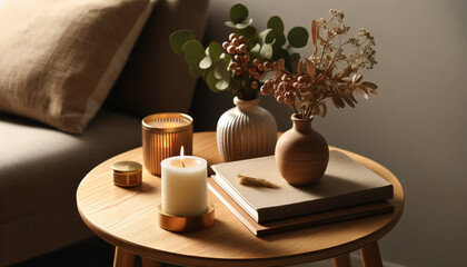 A cozy side table setup with candles, a book, and decorative vases in a modern living room