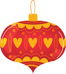 Festive red yellow Christmas ornament featuring heart patterns decorative shapes. Holiday decoration glowing cheerful vibes hanging tree appealing seasonal. Ornament bauble art isolated white