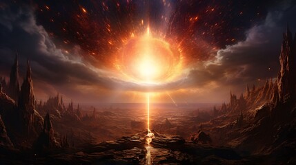 Abstract cosmos background illustrates an interstellar catastrophe. A awesome planet looms amidst the black cosmic energy.