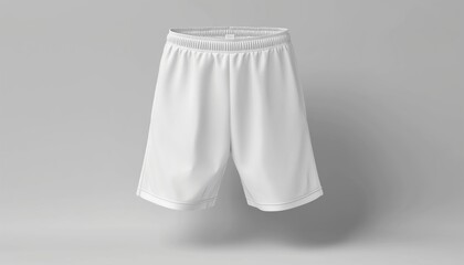 A pair of white athletic shorts displayed against a neutral gray background suitable for sports apparel mockups