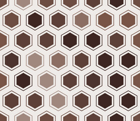 Honeycomb hexagons background. Hexagon mosaic cells with padding and inner solid cells. Brown color tones. Large hexagon shapes. Seamless pattern. Tileable vector illustration.