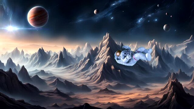 a view of mountains, a star-lit sky, planets, with celestial bodies such as planets floating in the sky Seamless looping 4k time-lapse animation video background