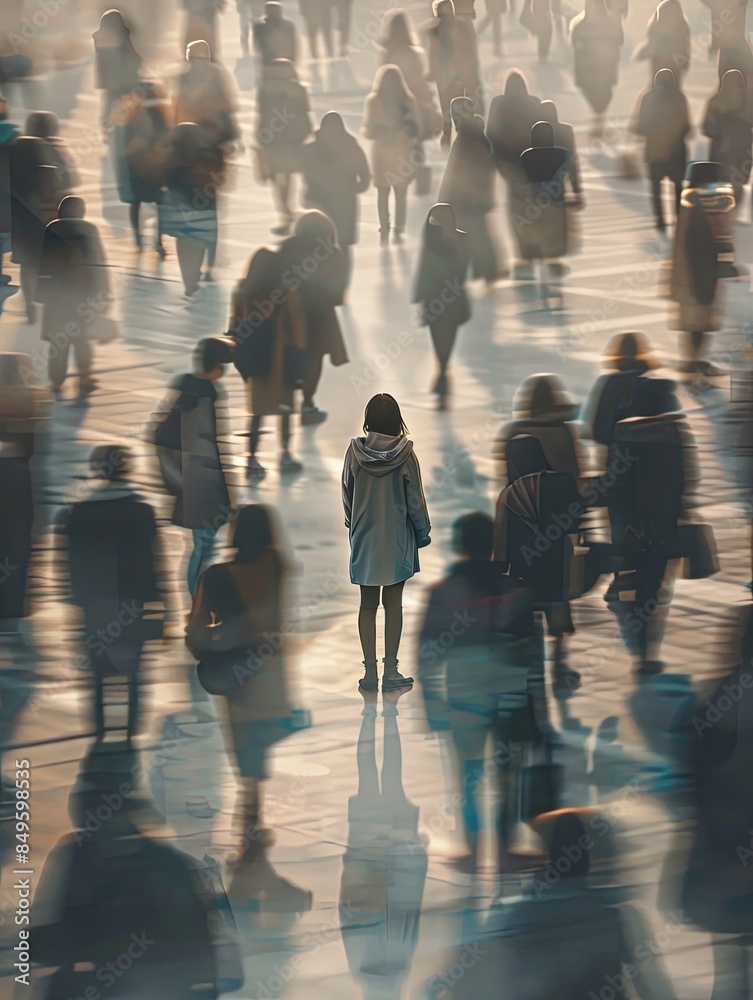 Poster a woman stands alone in a crowded room, her figure sharp while the surrounding people are blurred. g