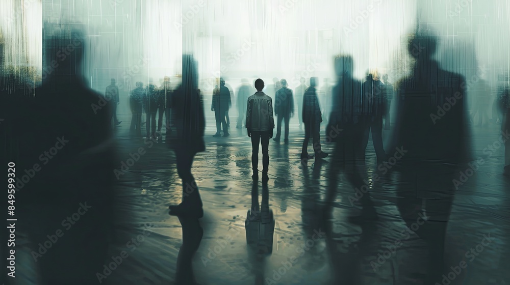 Poster one person stands out in a crowded room, sharply distinct while others are blurred, highlighting the