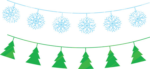 Winter festive garlands depicting light blue snowflakes hanging string. Green Christmas tree cutouts garland, both isolated against white background, used holiday decoration. Simple, graphicstyle