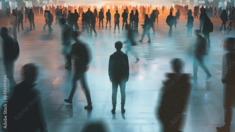 Poster a lone figure stands in the middle of a crowded room, their silhouette distinct against the blurred 