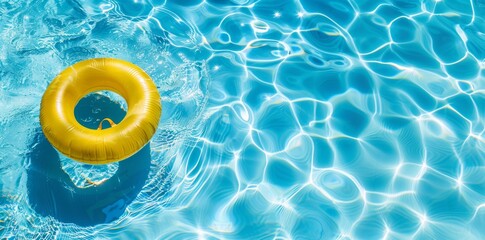 A bright yellow inflatable ring floating in the clear blue water of a swimming pool. The sunlight creates sparkling reflections on the water, vibrant and refreshing scene, with copy space
