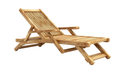 Wooden beach folding lounge chair on a transparent background. PNG image