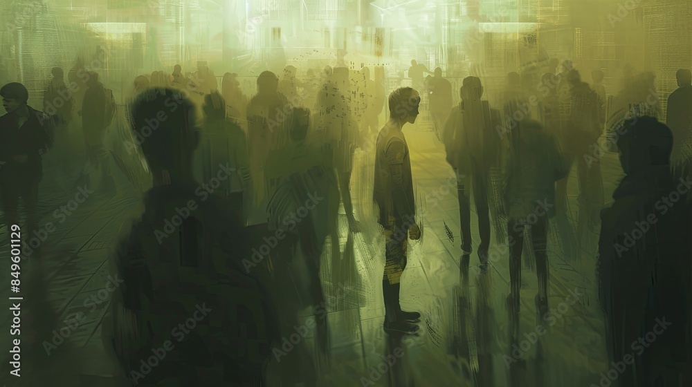 Poster A single person stands alone in a crowded room, their figure sharply defined against a background of blurred figures, highlighting their isolation. Generative AI
