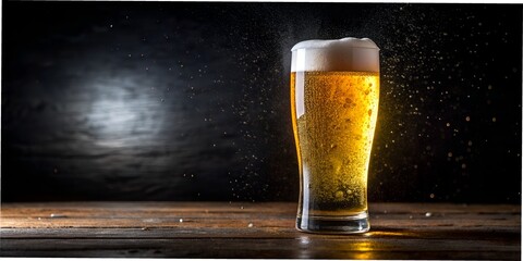 Cold Beer in a glass on a black background, generated by AI alcoholic drink,