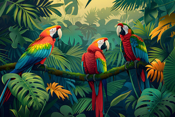 Fototapeta premium Illustration of a tropical rainforest with parrots. Generative AI.