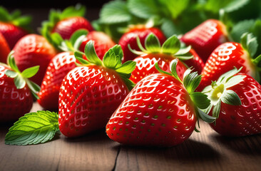 A bunch of red strawberries on a brown wooden table with a few green leaves on black background