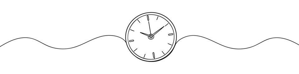 Continuous one line drawing clock icon with doodle hand drawn style. Self drawing. Vector illustration on white background. © Vasyl Yurlov