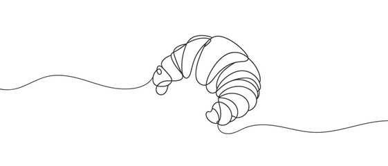 Continuous one line drawing of croissant for logo in minimalist style. Hand drawn french pastry line sketch for print, breakfast concept. Contemporary vector illustration on white background