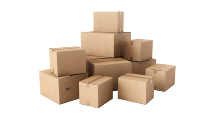 Cardboard mail boxes of different sizes are stacked on a transparent background. PNG image.