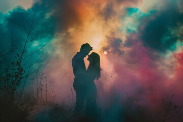 Fototapeta premium A couple embraces in a misty field, surrounded by colorful smoke and backlit by the setting sun, creating a breathtaking and ethereal scene of love and magic