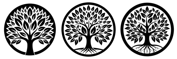 Set tree logo icon template design. Tree of life. Round garden plant natural line symbol. Green branch with leaves business sign. Vector illustration.