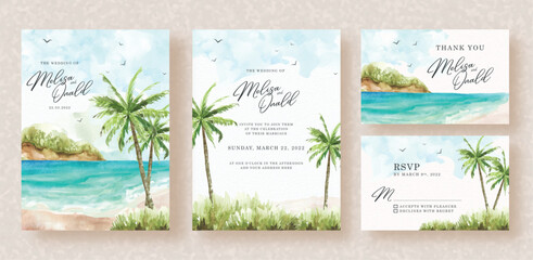 palm tree and beach view watercolor painting on wedding invitation background