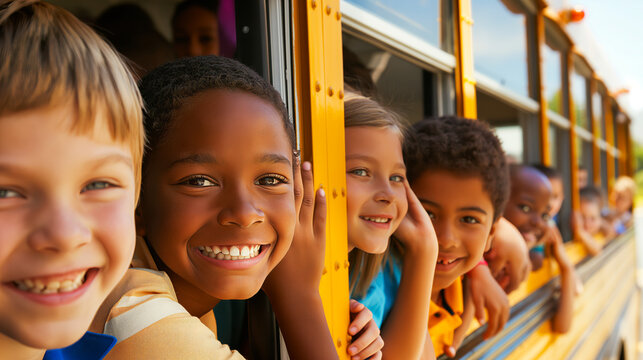 A group of cheerful children boarding a yellow school bus, ready for an educational field trip.