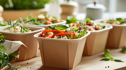 Enjoy organic takeout food served in convenient paper containers at home. Eco-friendly packaging concept
