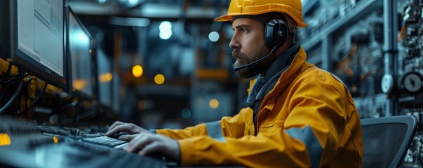 A worker in a yellow hard hat concentrates on operating a complex industrial control panel