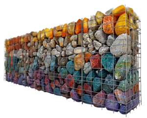 Gabion wall fence with wire cages on white background