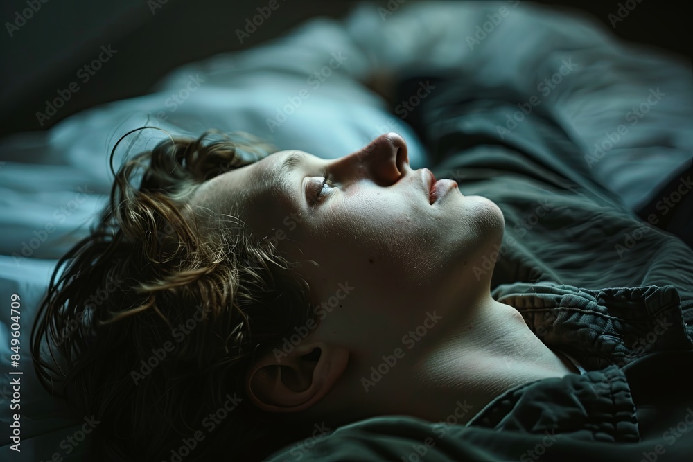 Poster close-up of a man lying on a bed with a vacant expression, staring at the ceiling in a dim, blurred 