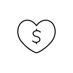 Love heart with symbol of US dollar - monetary value, price, cost and expense of romance and romantic feelings. Symbols, signs and pictograms of sex industry. Vector illustration isolated on white