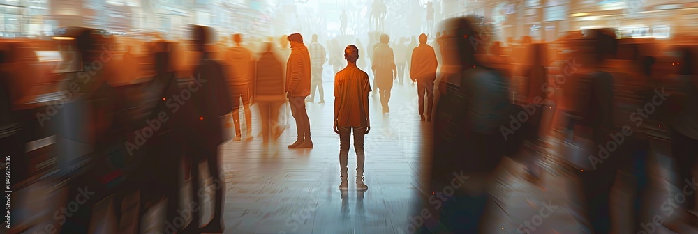Poster A single person stands alone in a crowded room, their isolation emphasized by the blurred background. Generative AI