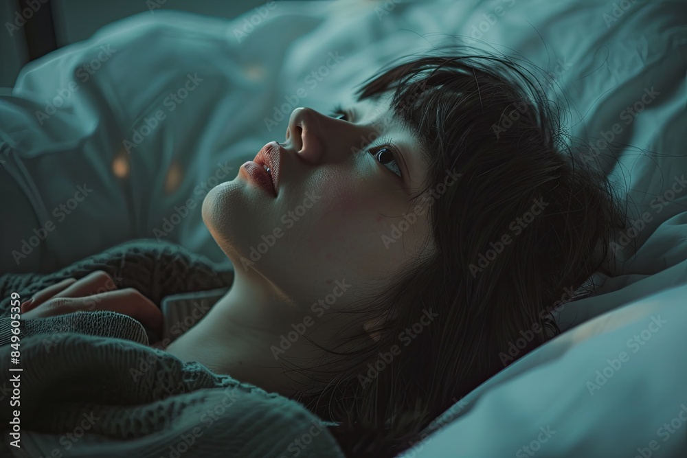 Poster A close-up portrait of a woman lying in bed, staring up at the ceiling with a blank expression. The background is soft and blurry, emphasizing her sense of emptiness and despair. Generative AI