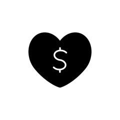 Love heart with symbol of US dollar - monetary value, price, cost and expense of romance and romantic feelings. Symbols, signs and pictograms of sex industry. Vector illustration isolated on white