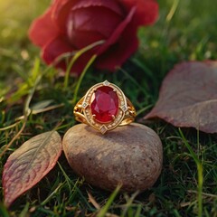 A gold ring with a red diamond, on a stone next to a red rose
