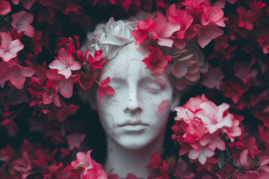 A serene white statue head adorned with pink flowers, surrounded by a lush floral backdrop, creating a scene of timeless beauty and natural elegance