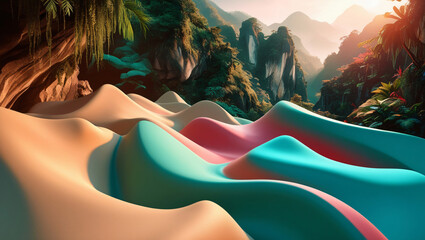 Vibrant abstract 3D rendering in a minimalist photography style, nestled within the mystical mountains