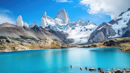 A turquoise lake in the forefront with a glacier clad mountain peak in the background against a blue sky - Powered by Adobe