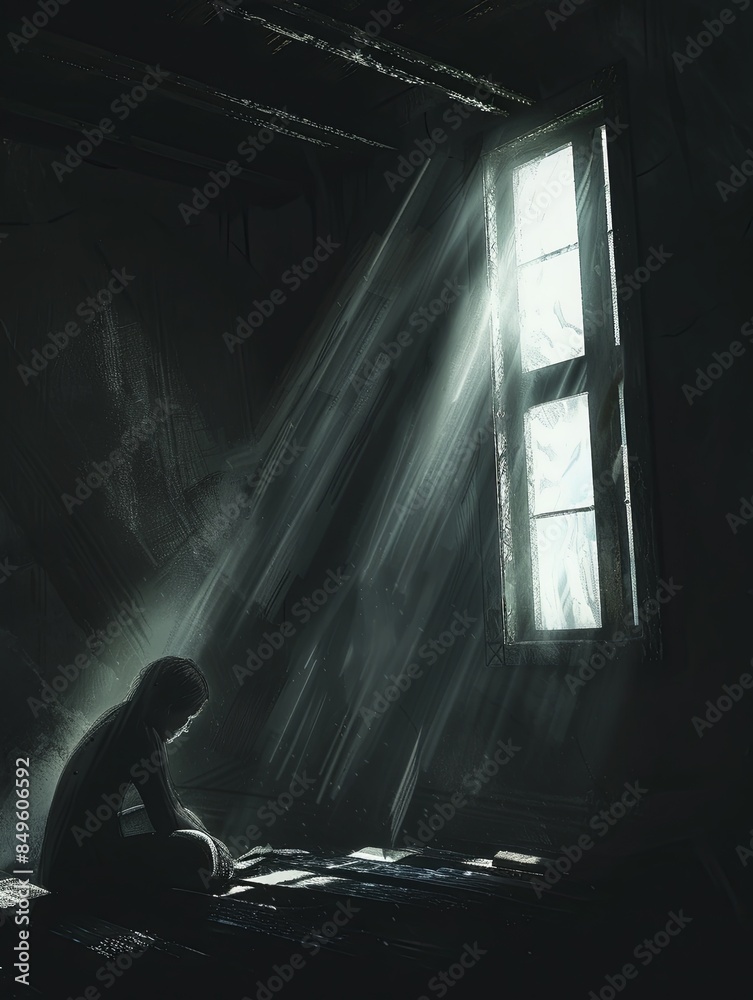 Poster A person sits alone in a dark room, their face partially hidden in shadows, as sunlight streams through a window. Generative AI