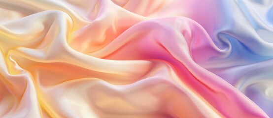 Obraz premium Gracefully dancing pastel silk waves create a luxurious. Sensual background. Soft. Iridescent fabric blends pink. Blue. Yellow. Purple in a romantic ombre. Perfect for fashion. Weddings. Celebrations