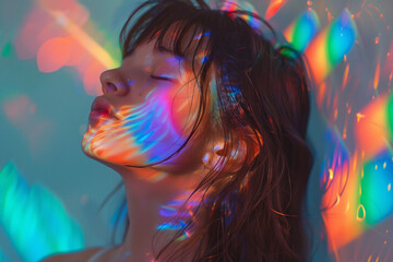 A woman basks in the glow of colorful light projections, her serene expression and closed eyes reflecting a moment of peace and introspection amidst a vibrant, dreamy atmosphere