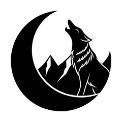 A wolf howling at a crescent moon